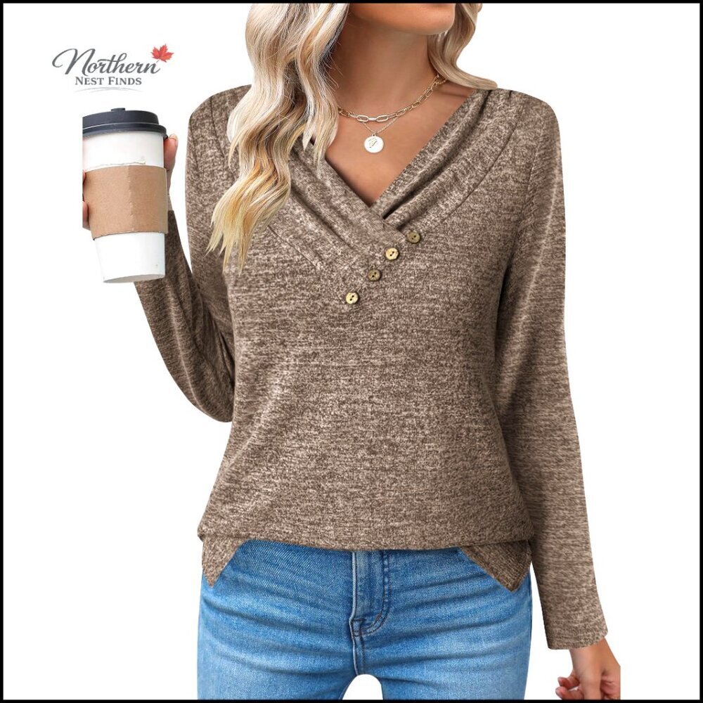 Long Sleeve V-Neck Tunic Blouse Sweatshirt Casual Loose Fit Button Top